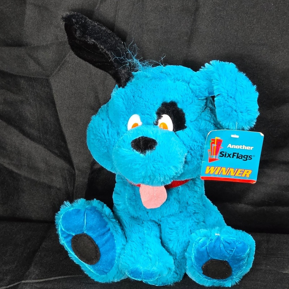 Six Flags Blue Plush Dog RARE Stuffed Animal Winner Prize Souvenir Toy 12" Y2K